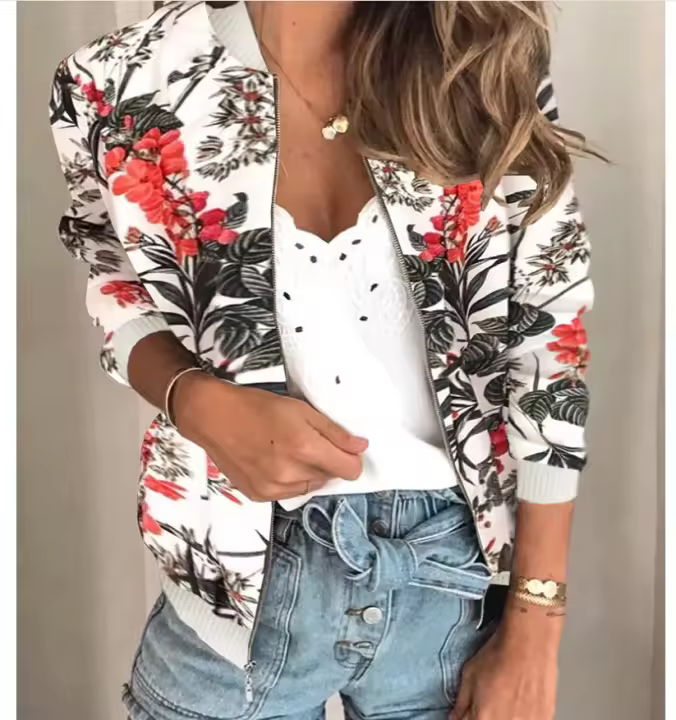 Chaqueta bomber elegante con estampado floral de primavera y otoño - 1