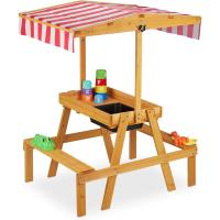 Mesa Pícnic Infantil con Sombrilla, 2 Bancos, para Pila Jegos Arena y Agua, Madera, 110 x 65 x 83 cm, Natural - details 0