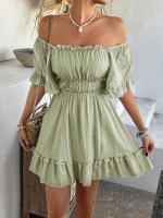 2025 primavera y verano estilo de vacaciones de ocio europeo y americano color sólido borde de hongo vestido de manga corta falda corta para mujer - details 10