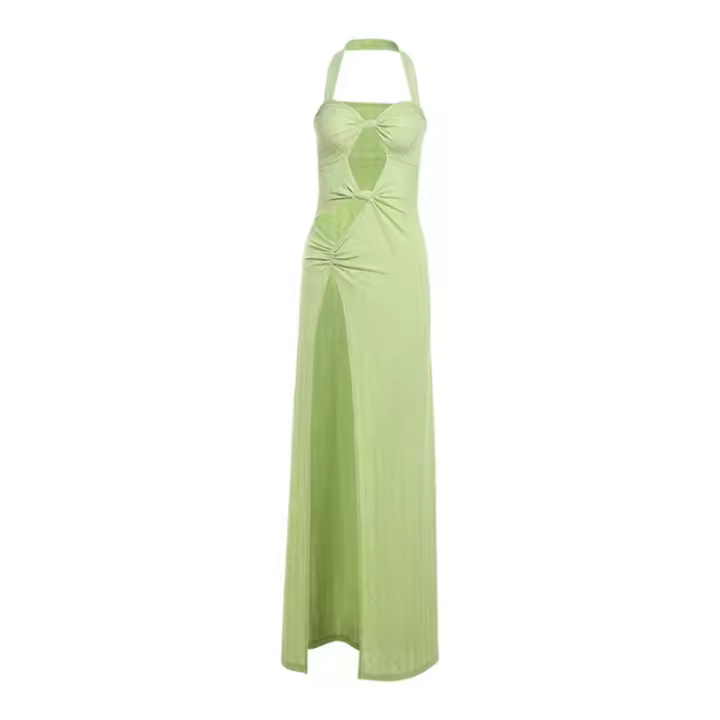 BUNO-Vestido largo liso con cuello Halter para Mujer, prenda elegante sin mangas con abertura lateral, ropa de calle para vacaciones - 1