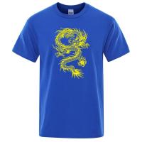 Camiseta holgada de algodón para hombre, ropa de calle de gran tamaño, transpirable, con estampado de dragón amarillo, estilo chino - details 8