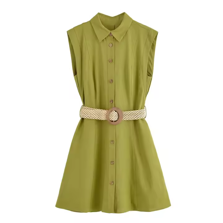 Vestido de diseñador con cinturón sin mangas de color sólido corto simple temperamento 2025 verano nueva ropa de mujer. - 1