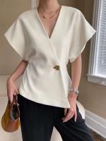 Chaleco Asimétrico para Mujer TRE Estilo Francés, Mangas Caídas, Botones de Cintura, Top sin Mangas Blanco - details 8