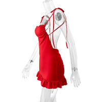Vestido corto ajustado de verano, sexy, con tirantes finos, fruncido, espalda descubierta, lazo y volantes para mujer - details 9
