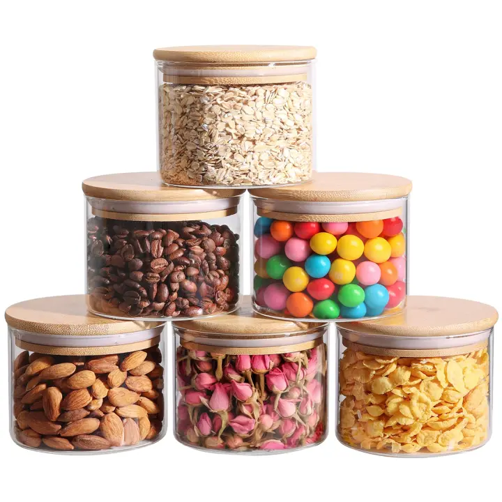 Contenedor de Almacenamiento de Pasta de Vidrio Transparente Airtight Set de 3, 70oz, Cubierta de Madera Ideal para Pasta, Flour, Cereal, Café - 1