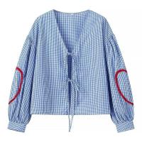 BUNO-Tops a cuadros para mujer, ropa y2k con cuello en V y corazón, blusa holgada de manga larga con lazo frontal abierto, ropa de calle de los años 2025 - details 6