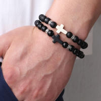 Pulsera de Obsidiana Negra Mate con Cruz, Brazalete de Piedras Naturales Tejido a Mano para Parejas, Joyería Vintage con Acabado Envejecido, Regalos para Hombre, - details 1