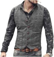 Chaleco vintage de negocios para hombre, abrigo clásico a cuadros, chaleco formal ajustado de tweed para padrinos de boda - details 3