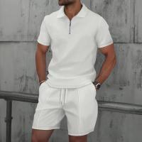 Conjunto de dos piezas de verano 2025 para hombre, color sólido, solapa con cremallera, manga corta, traje y pantalones cortos. - details 1