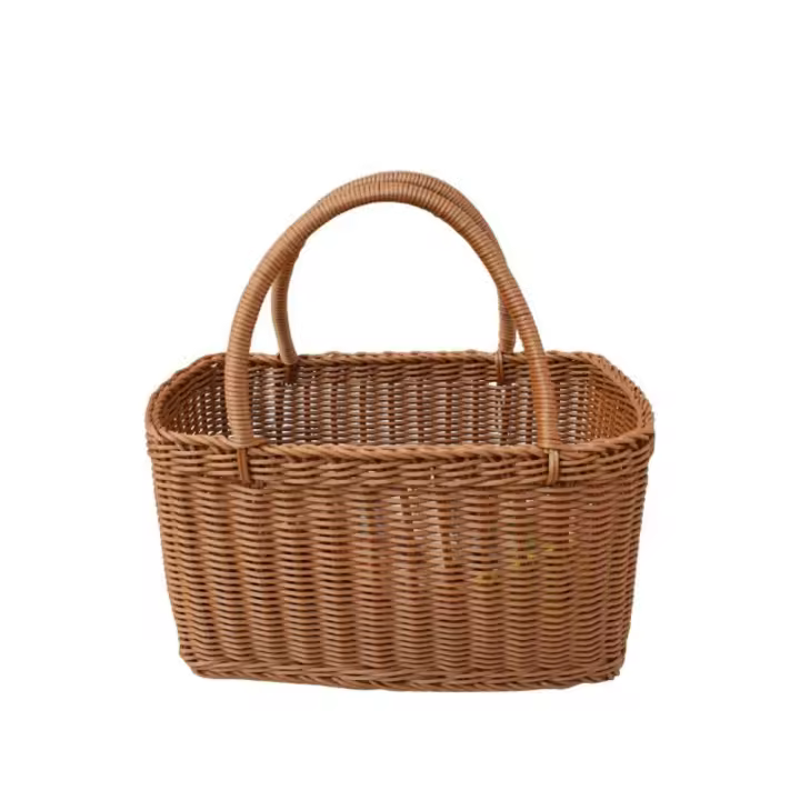 Cesta decorativa tejida de ratán, cesta de Picnic Rectangular con asa, cesta de flores portátil tejida a mano para el hogar - 1