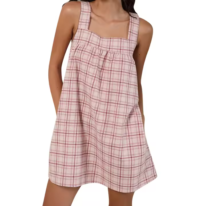Maemukilabe Vestido de mujer vintage a cuadros sin mangas con cuello cuadrado y espalda descubierta, minivestido holgado de verano con bolsillos - 1