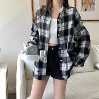 Camisa de franela negra para mujer, camisa a cuadros de tartán abotonada con cuello de manga larga, chaqueta informal para adolescentes y niñas, traje diario - details 11
