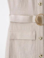 TRAFZA-vestido Midi elegante de mezcla de lino para mujer, vestido Vintage sin mangas con cuello redondo y cinturón con abertura, Color sólido, verano - details 4