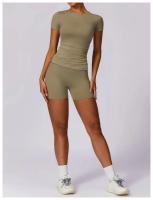 Conjunto de Yoga Sin Costuras para Mujer 2 Piezas Traje de Gimnasio con Top Corto de Manga Corta y Shorts para Correr Ropa Deportiva Activa Material Exterior de Nylon - details 9