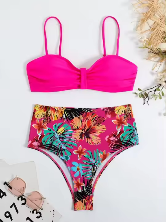 Bikini para mujer, traje de baño 2025, nuevo conjunto de Bikinis de encaje con tirantes lisos, traje de baño Sexy de cintura alta, traje de baño de dos piezas para playa para mujer - 1