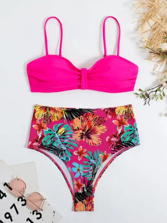 Bikini para mujer, traje de baño 2025, nuevo conjunto de Bikinis de encaje con tirantes lisos, traje de baño Sexy de cintura alta, traje de baño de dos piezas para playa para mujer - 1