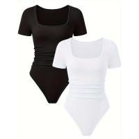 Mallas elásticas de manga corta para mujer, 2 medias, cuello cuadrado, sexy, una pieza - details 0