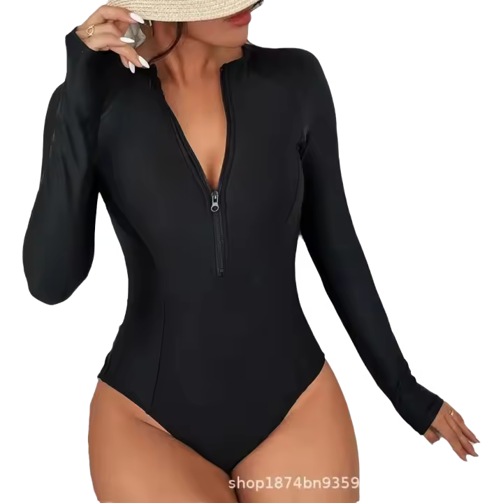 Nuevo Traje de baño cerrado deportivo de una pieza de manga larga negro para surf, traje de baño para mujer, ropa de playa, piscina - 1