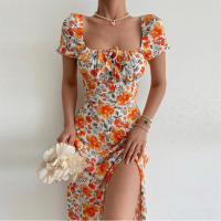 Vestido de mujer, novedad de verano 2025, vacaciones, pausa para el té, cuello cuadrado, falda de longitud media, mangas de burbuja, vestido con abertura Floral francés - details 36