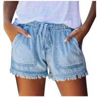 Pantalones Cortos de Denim Tendencia de Verano Cintura Elástica con Cordón, Borda con Flecos, Pocket para Mujer - details 1