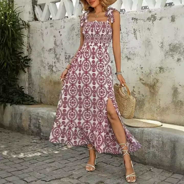Vestido de playa informal con tirantes para mujer, estampado azul y blanco, lazo con abertura lateral, cintura elástica, verano - 1