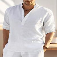 Camiseta Henley de lino y algodón para hombre, camisa de manga larga, Hippie, informal, para playa, color blanco, talla S-5XL - details 2
