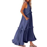 Vestido De Camisola Para Mujer Estilo Europeo Y Americano Verano Nuevo Con Aros Largo Y Volante Sin Mangas Cuello En V Vestido Largo - details 14