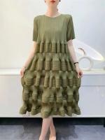 Miyake-vestido plisado para mujer, nuevo diseño de moda, Color sólido, holgado, talla grande, cintura alta, falda empalmada con pastel, primavera 2024 - details 3