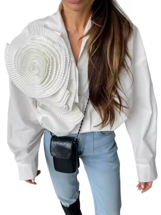 Tops con botones de estilo coreano para mujer, camisa de manga larga para blusa de flores tridimensional - 1