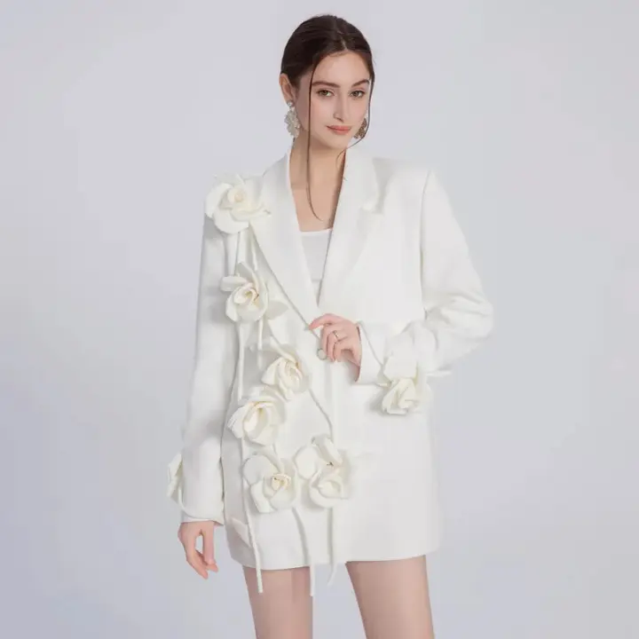 Blazer de diseño original de flores tridimensionales de moda blanca 2025, traje largo sexy de alta gama para fiestas de ocio de - 1