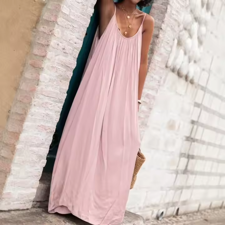 Vestidos básicos de primavera y verano, plisados ​​diarios, lisos, sin mangas, cuello redondo, vestidos de vacaciones para mujer - 1