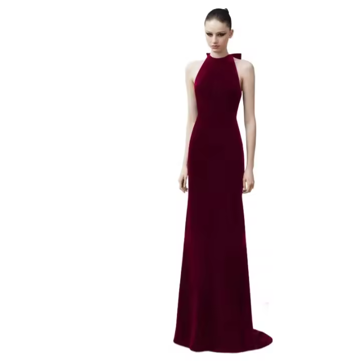 Bridedress mujeres Sexy cuello Halter elegante largo fiesta boda espalda arco sirena vestido de noche de terciopelo de talla grande Winered negro - 1