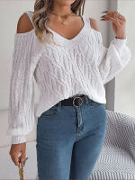 Jersey con cuello en V para mujer, manga farol, Color sólido, torceduras de masa frita, suéter informal suelto, Tops de moda, otoño e invierno, 2023 - details 4