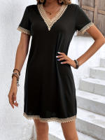 Verano francés encaje cuello V vestido de comercio exterior manga corta jersey a-line falda - details 1