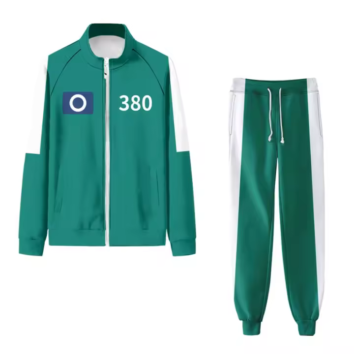 Juego de calamar de Carnaval de Halloween, disfraz de juego de rol para niños, sudadera verde claro + pantalones roscados de Color sólido, conjunto de dos piezas - 1