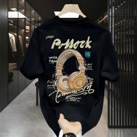 Camiseta Gráfica Oversize de Algodón Pesado Estilo Callejero Americano Casual con Arte de Auriculares y Borde Asimétrico Unisex Top para Todas las Temporadas - details 3