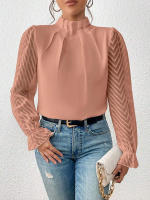 Jersey elegante de Cuello medio alto para mujer, de Color sólido Camisa de gasa, blusa de manga larga con volantes ondulados, Tops sueltos informales para mujer, novedad - details 18