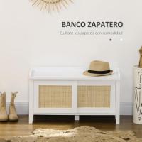 Zapatero con asiento, mueble zapatero con banco, 2 puertas de ratán, estilo bohemio, carga 130 kg, para pasillo de entrada, 80x35x45 cm, blanco y natural - details 2