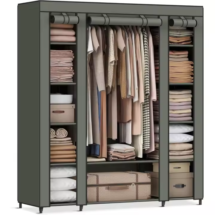 Armario de Tela 12 con Barra y estantes, Armario Estable para Dormitorio, vestidor, 150 x 45 x 175 cm, Gris LSF03G - 1