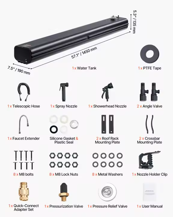 SucceBuy Tanque de agua con portaequipajes, tanque de aluminio de alta capacidad con puerto de presurización, 2 paneles protector contra salpicaduras y ranura en T, tanque exterior multidispensador para barras antivuelco, baúles, barras transversales - 1