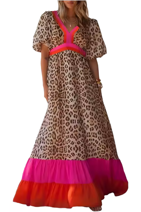 Vestido Maxi de Talla Alta Elrachen Estampado de Leopardo Manga de Burbuja Talla S-2XL - 1