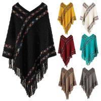 Poncho mongol con borlas de rayas rómbicas, chal de punto de estilo étnico, capa de punto, capa de Cachemira de imitación, capa superpuesta, Invierno - details 5