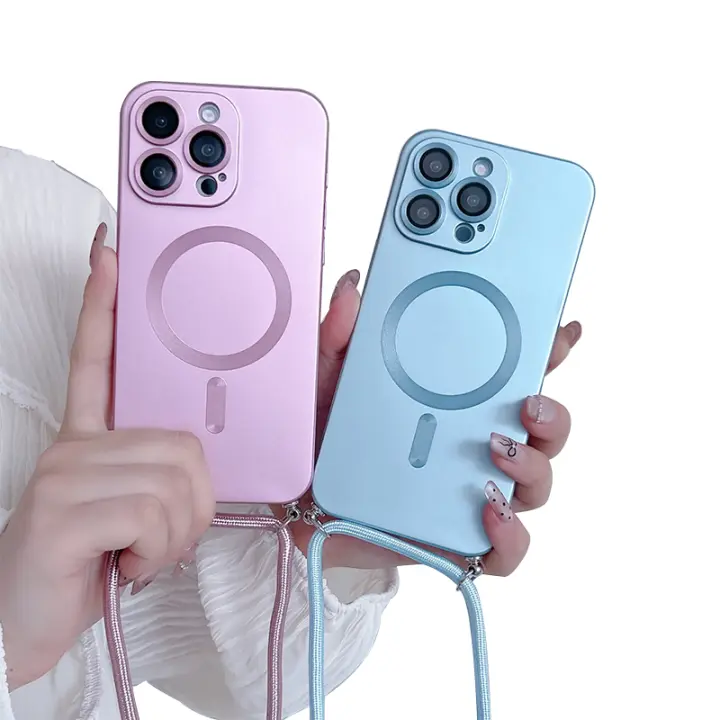 Funda con correa de cordón ajustable con revestimiento magnético de lujo para iPhone 15, 13, 12, 11, 14 Pro Max Plus, banda para el cuello con cuerda de nailon con carga inalámbrica - 1