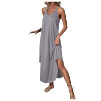 Vestido largo suelto sin mangas para mujer con cuello en V y tirantes, vestidos casuales de Color sólido para uso diario, nuevo - details 4