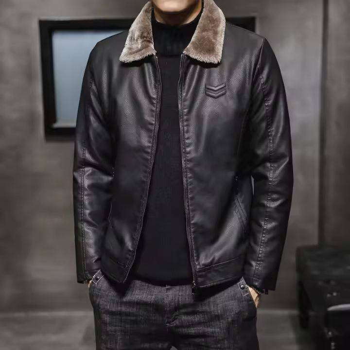 Chaqueta de cuero PU para hombre, abrigo cálido con forro de lana, cortavientos, ropa de otoño e invierno - 1