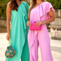 Vestido de moda de color sólido para mujer con hombros inclinados y manga larga suelta - details 1