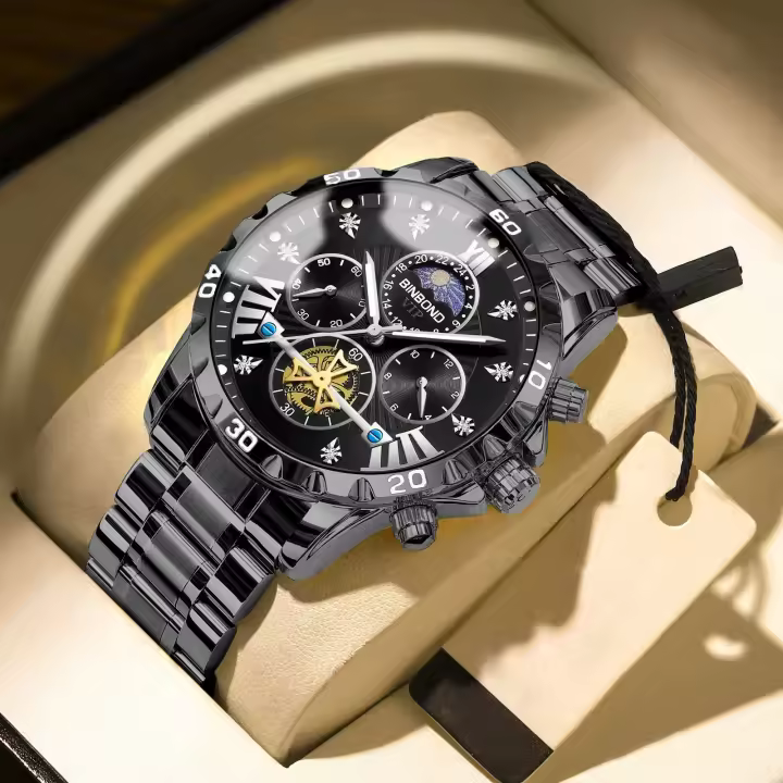 Reloj de Pulsera de Cuarzo de Lujo para Hombres Automático Correa de Acero Dorado - 1
