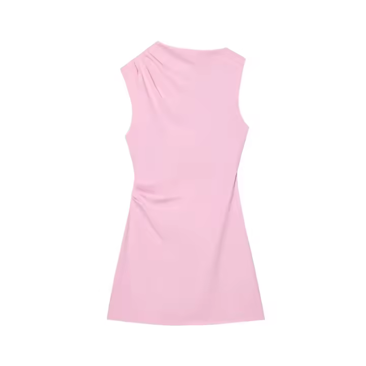 PB & ZA 2025 novedad de verano llegadas mujeres efecto plisado sin mangas cuello redondo temperamento Simple Mini vestido rosa - 1