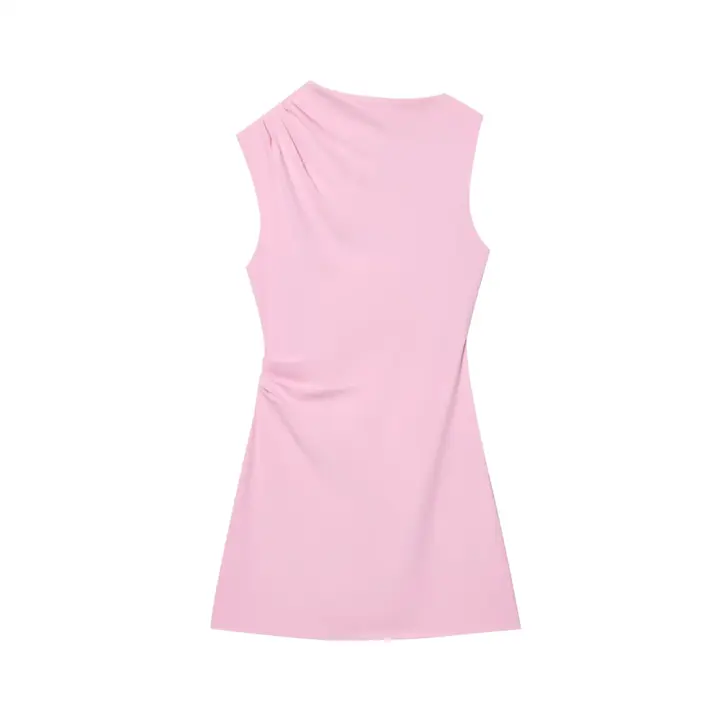 PB & ZA 2025 novedad de verano llegadas mujeres efecto plisado sin mangas cuello redondo temperamento Simple Mini vestido rosa - 1