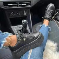 Plataforma de cuero para mujer, zapatillas de deporte de tacón grueso de color sólido, zapatos deportivos cómodos de moda planos casuales, zapatos de diseñador - details 5